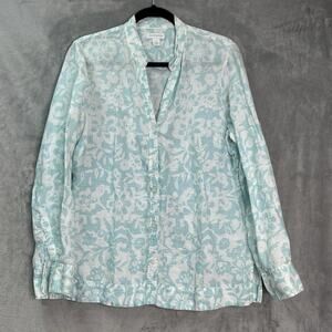 Charter Club Button-Up Linen Shirt Womens Sz 14‎ Floral Roll Tab Sleeve Coastal